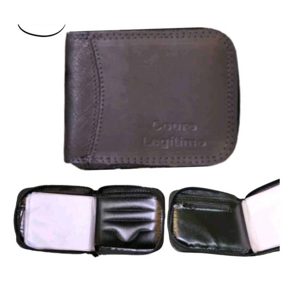 carteira masculina de ziper em couro legitimo com porta moeda e porta cartao e rg multifuncional
