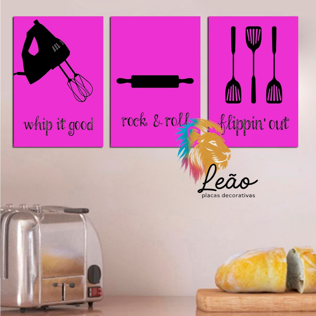 decoração diferente , quadros para cozinha - batedeira talheres - rosa pink - kit 3 placas MDF 20x30cm