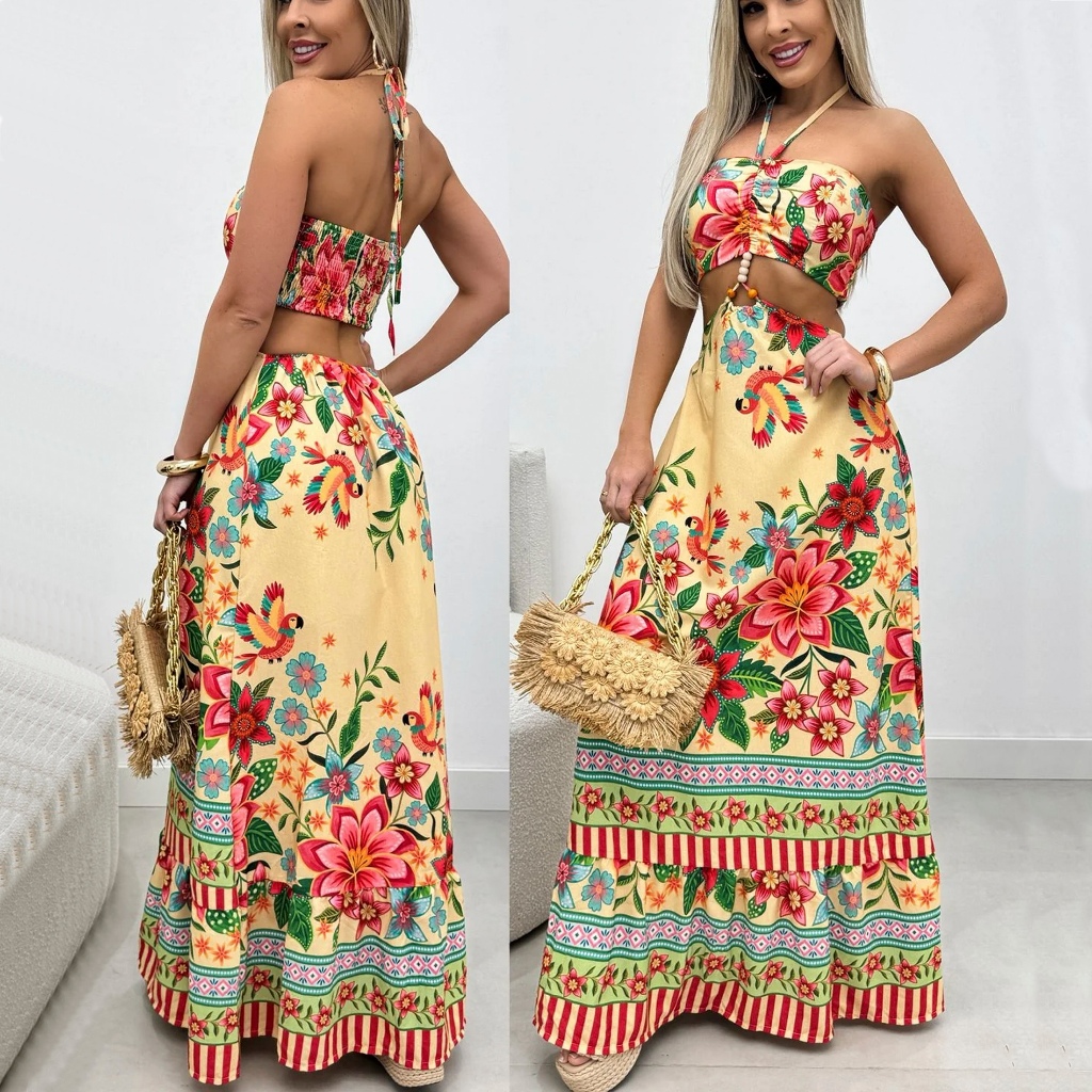 Vestido longo Pétala floral costas nuas férias praia primavera verão