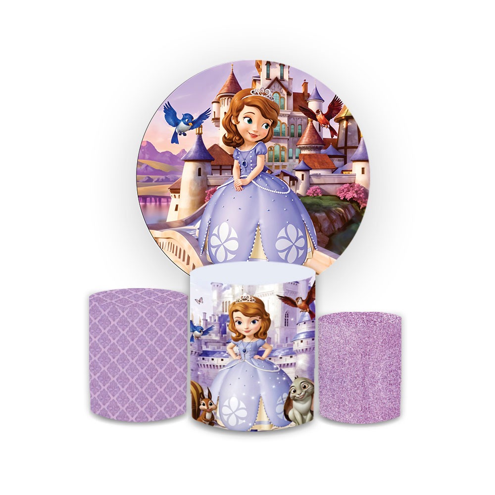 Kit Capas Painel Sublimado Tema Princesa Sofia Lilas Festa Aniversário + Trio de Capas de Cilindros em Oferta na Shopee