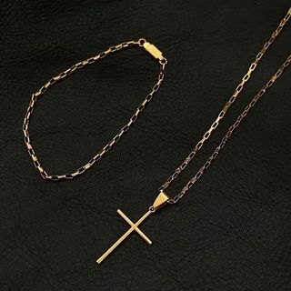 Colar masculino pingente de cruz palito banhado a ouro Aço inoxidável 18k cordão em estilo tijolinho