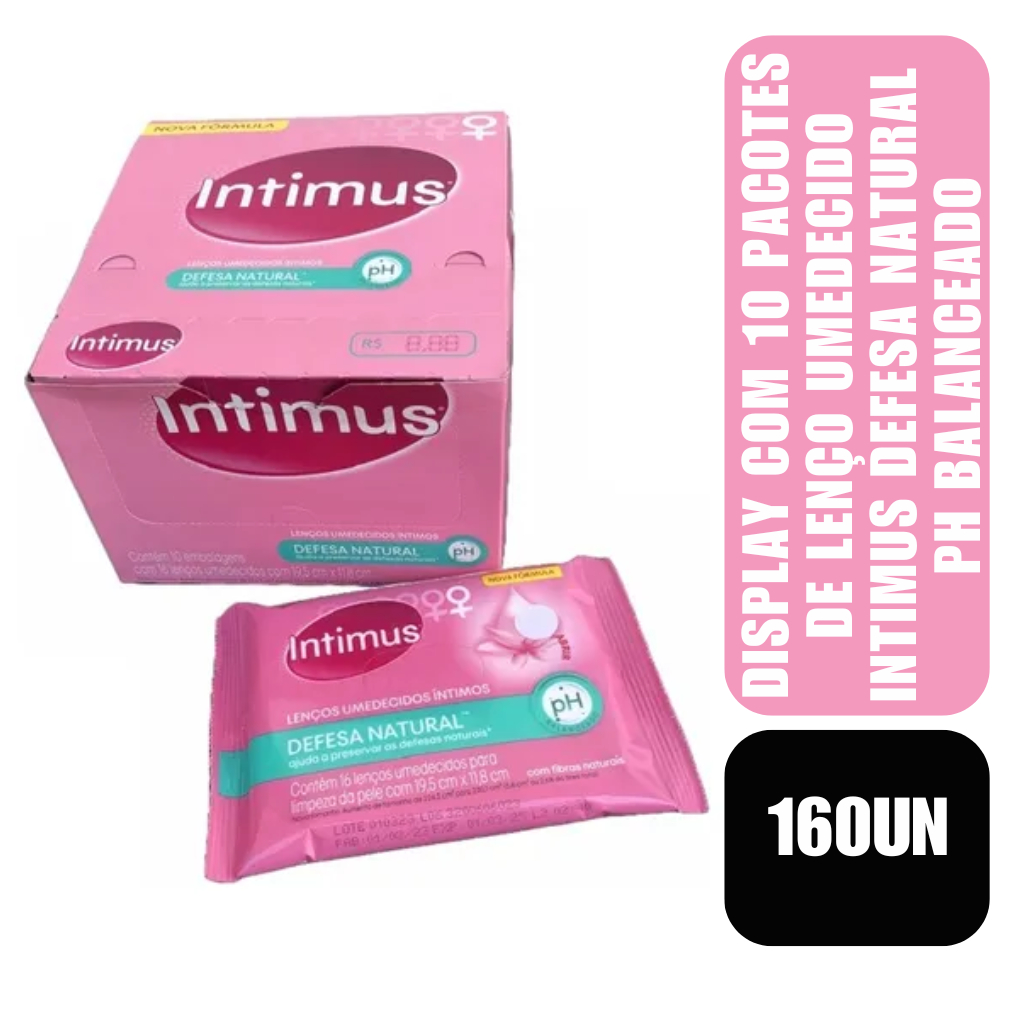 Display com 10 pacotes de Lenço Umedecido Intimus Defesa Natural Ph Balanceado
