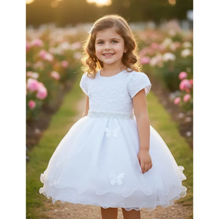 Vestido Festa Infantil Branco Tule Borboletas Batizado Luxo em Oferta na Shopee