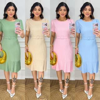 VESTIDO MIDI GOLA REDONDA(SAIA ,BARRA PLISADO,DETALHE COM CINTO) em Oferta na Shopee