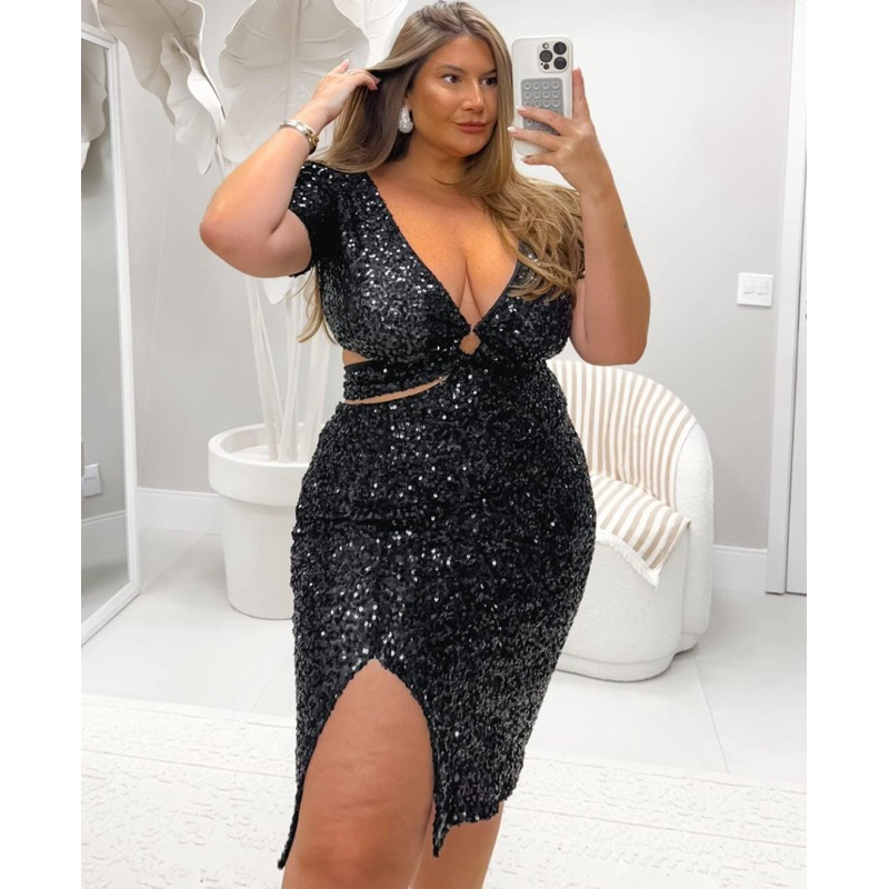 vestido feminino plus Size luxo paete com elastano tamanho único 46/50 em Oferta na Shopee
