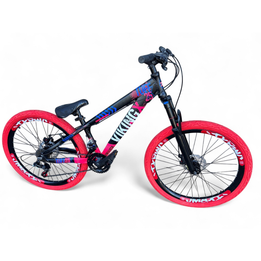 Bike Aro 26 Vikingx Tuff X25 Freeride Downhill 21v Vmaxx DH Freio a Disco Garfo Suspensão Pneu Flame