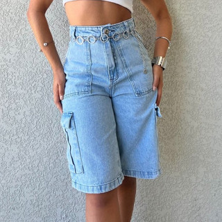 Short jeans feminina Bermuda cargo de mais bolso cintura alto Short Cargo Feminina Moda Street Tecido Algodão Premium