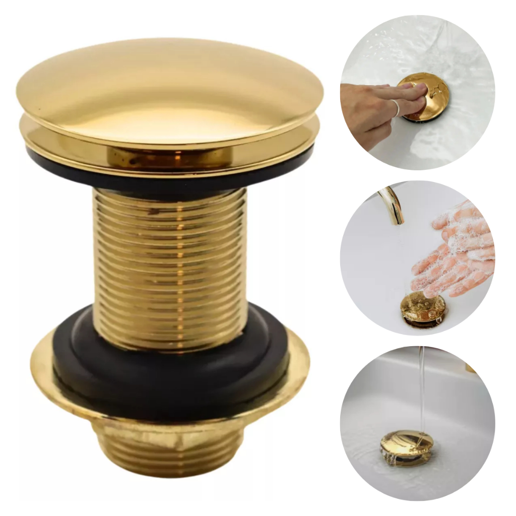 Valvula Click Dourado Gold Ralo Pia Lavatório Cuba Bancada Metal 7/8 Acabamento Brilhante Clic Up Moderna Ouro Polido