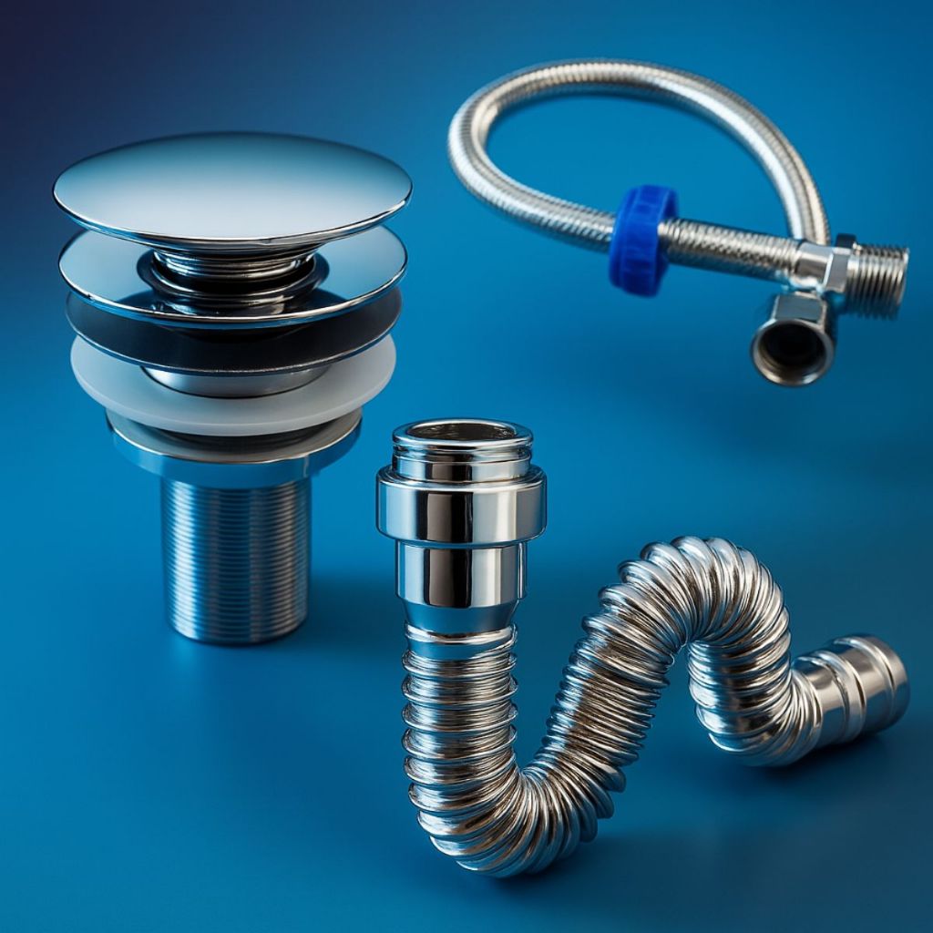 Kit Banheiro Sifão Metalizado PVC Universal Sanfonado + Valvula Click 7/8 + Engate Trançado 40cm Cromado Flexível Luxo
