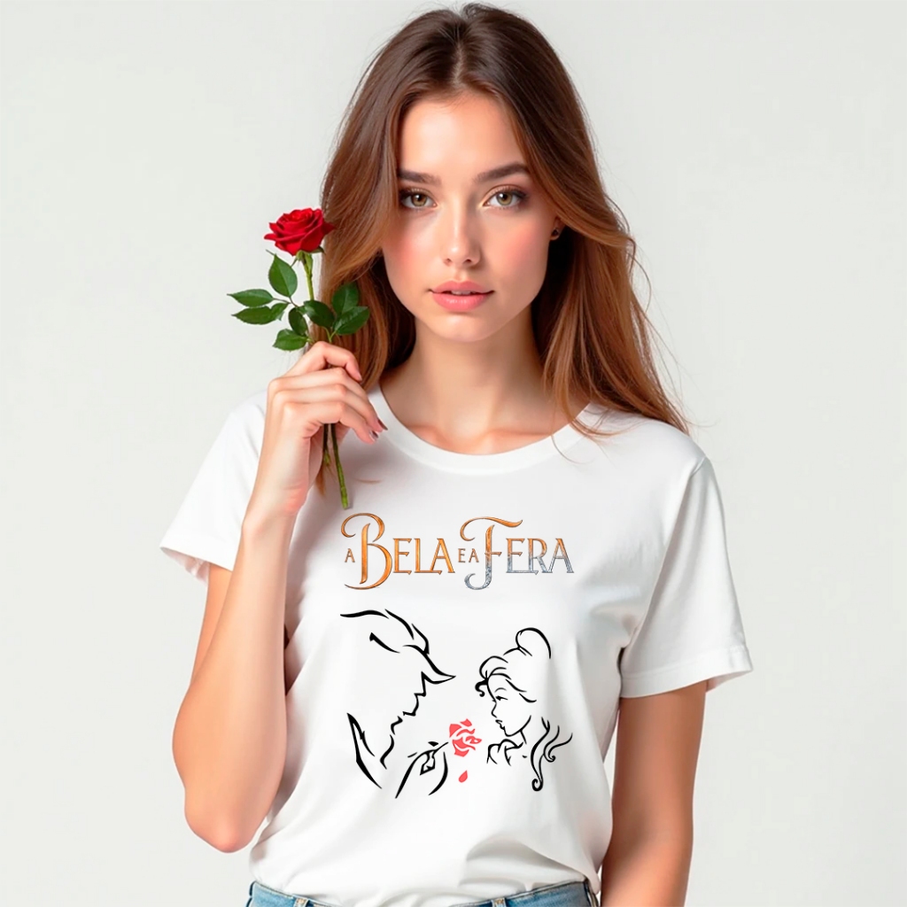 Camiseta A Bela e a Fera Disney Camisa Estampada Casual Baby Look Infantil Masculina Feminina
