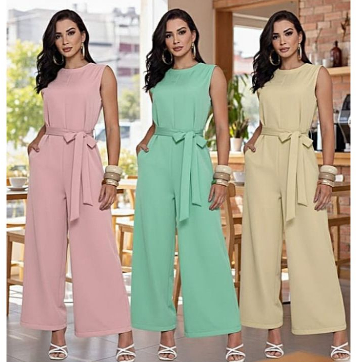 Macacão Longo Feminino Pantalona Alfaiataria Premium Social com Alça