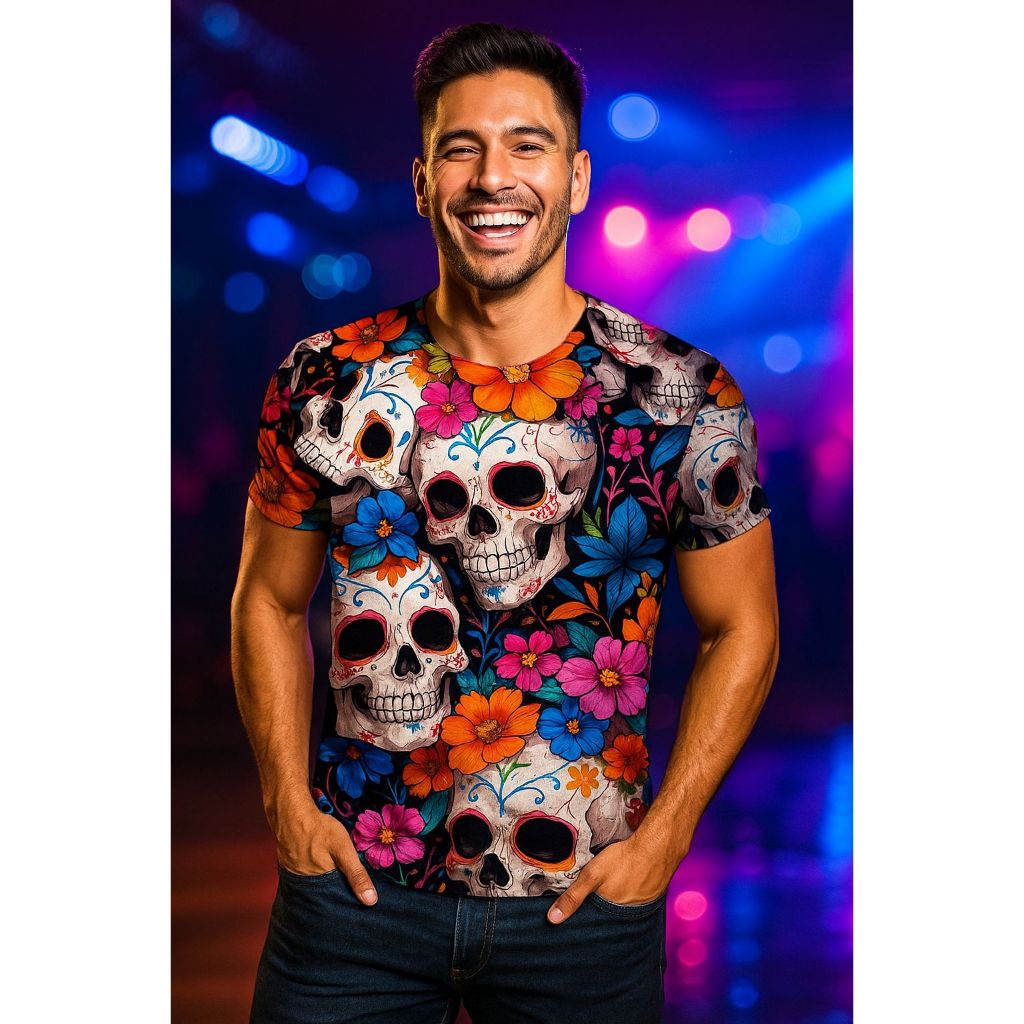 Camisa Camiseta Caveira Floral Mexicana Rústica Estampada Masculina Feminina Mexicana Boate