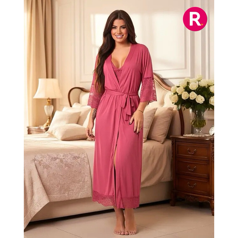 Robe Noiva Longo de Renda Elegante Microfibra Hobby Casamento Hoby lua de Mel Conforto Pijama Dormir