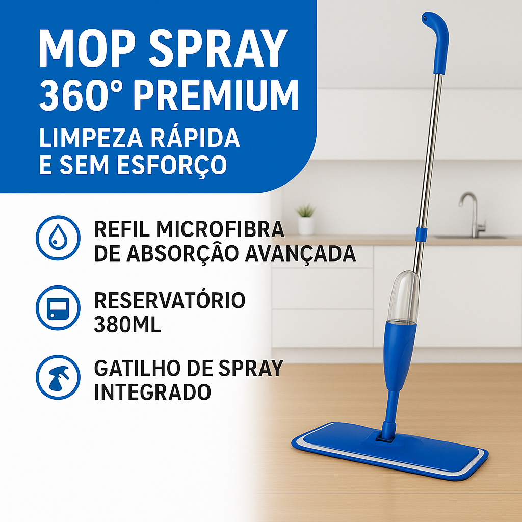 Mop Spray Magico Giratório 360° com Reservatório Rodo  Limpeza 380ml Refil Microfibra Limpeza Fácil