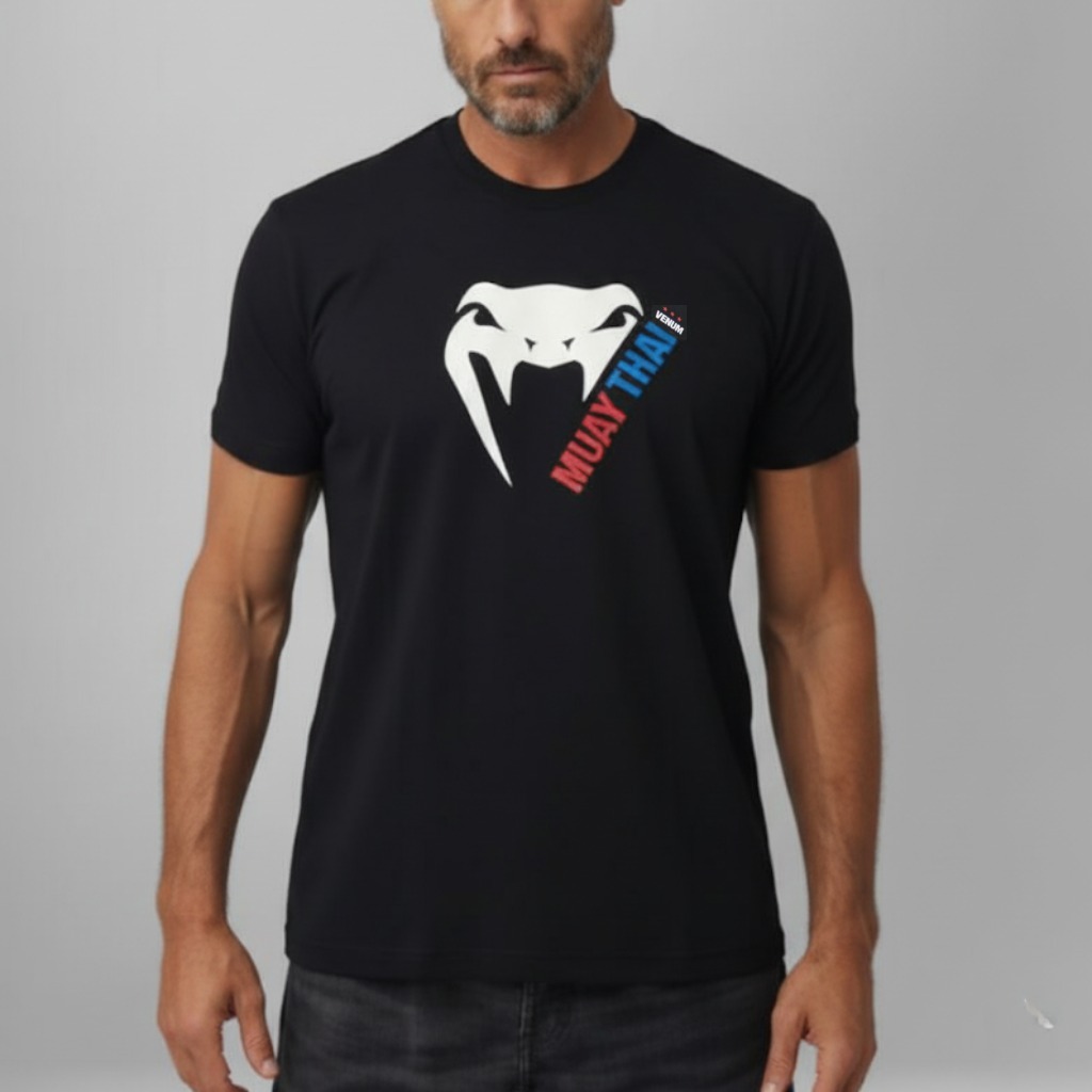Camiseta Básica Venum Muay Thai 100% Algodão Manga Curta Treinos Academia Black Estampa Venum