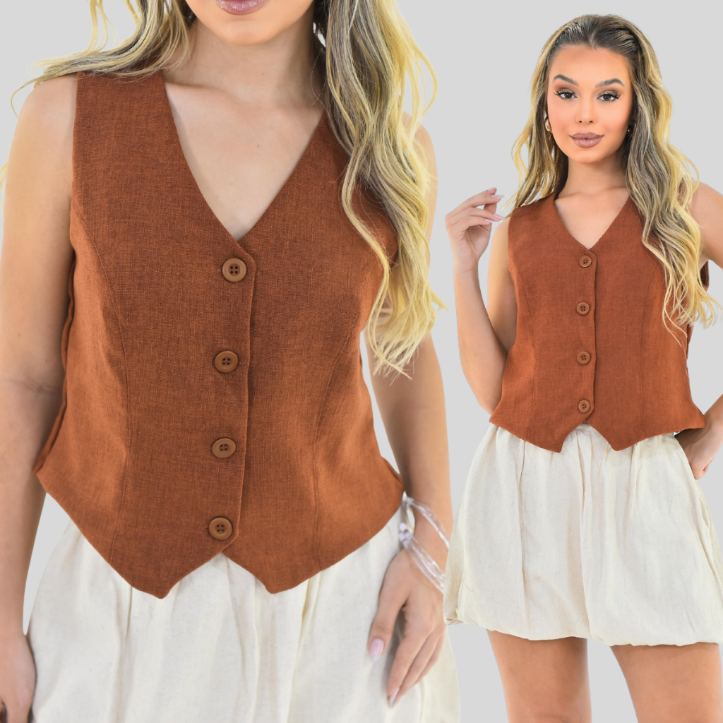 Colete Curto Sem Bolso Feminino Linho Rustico Social 4 botões Decote V em Oferta na Shopee