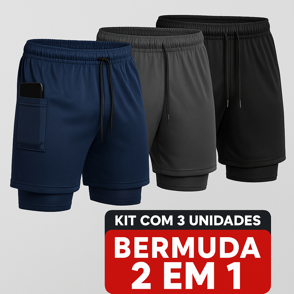 Kit 3 Short Academia Masculino 2 em 1 Dry Fit Esportivo Compressão Futebol Bolso Interno Versatil