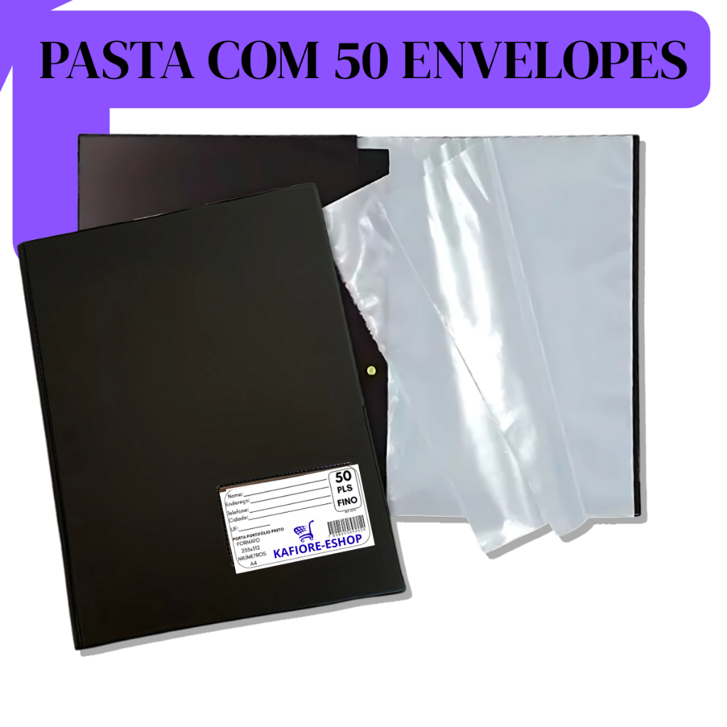 Pasta Catálogo Organizadora A4 50 Plásticos Visor Preta