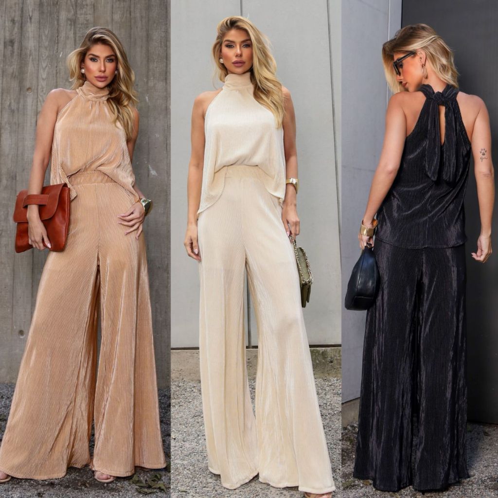 Conjunto Feminino Plissado Calça Pantalona e Blusa Frente Única Elegante em Oferta na Shopee