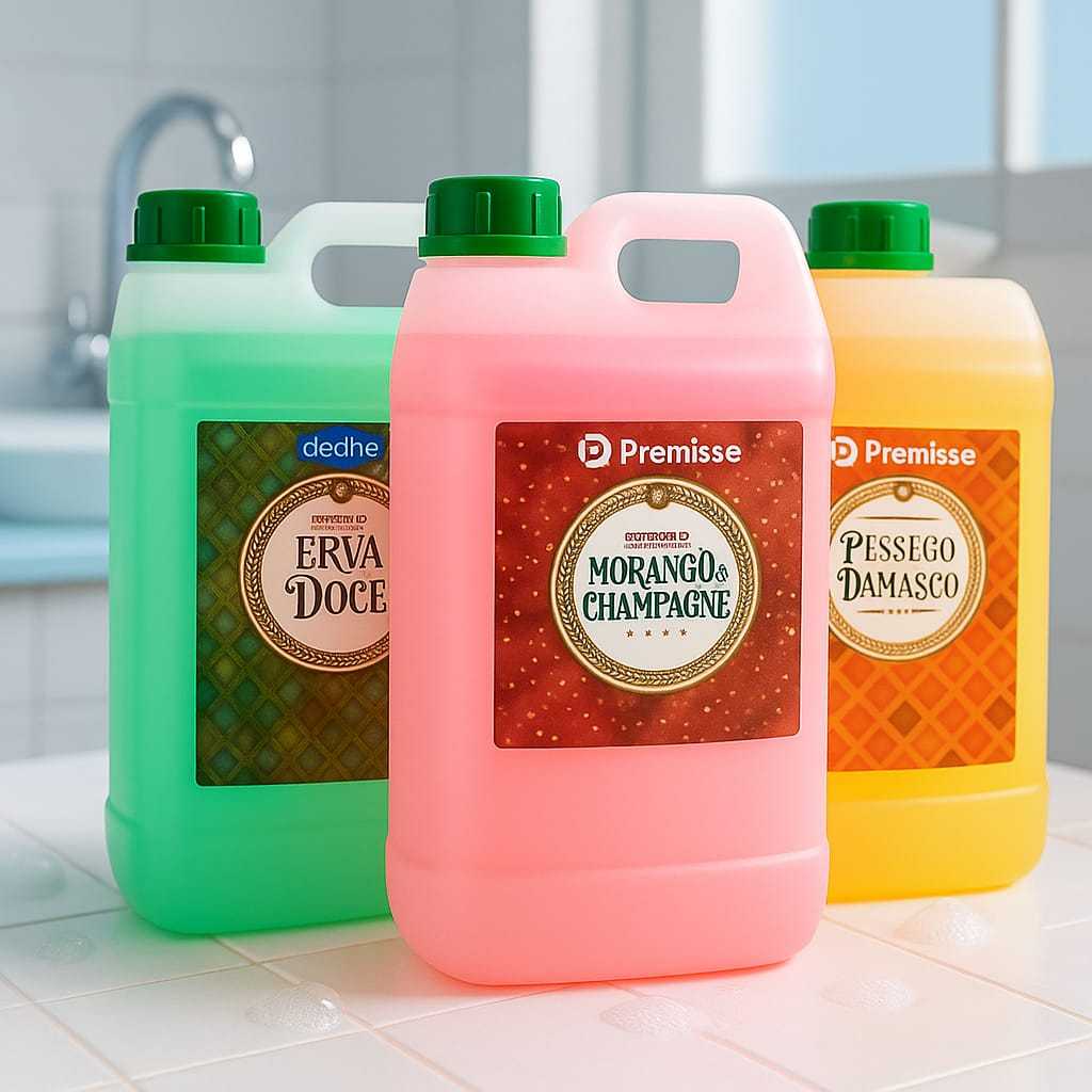 Sabonete Líquido Morango e Champagne, Erva Doce, Pessego e Damasco Deoline Premisse 1-5 Litros Para Mãos, Rosto e Corpo em Oferta na Shopee