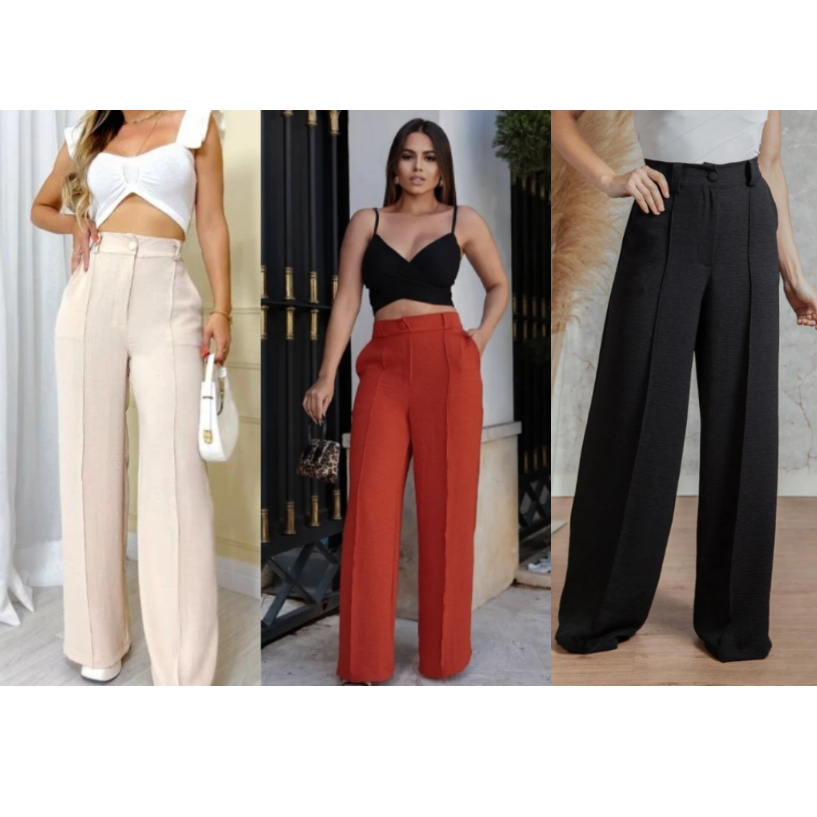 Calça Feminina Pantalona Duna Wide Leg Cintura Alta E Linhao