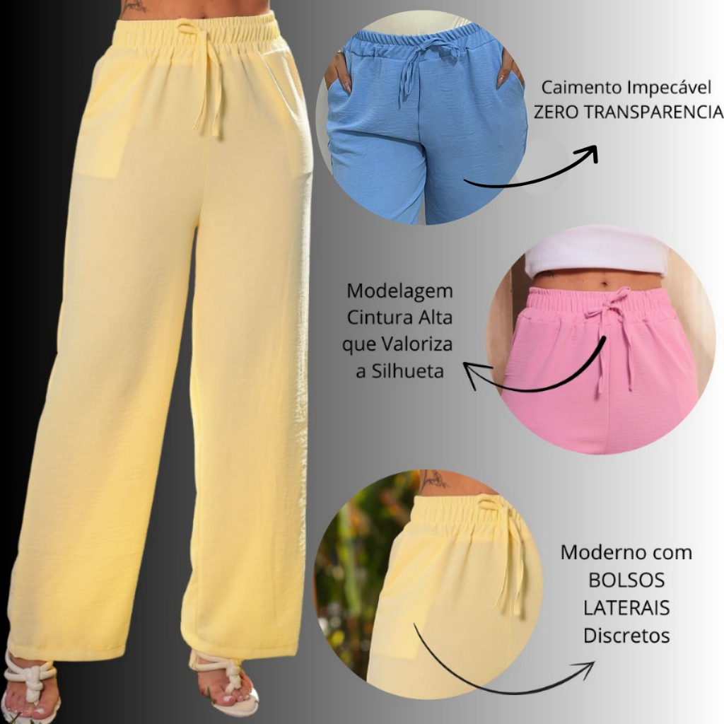 Calça Pantalona Feminina Cintura Alta Com Bolso Tecido Duna Tendencia