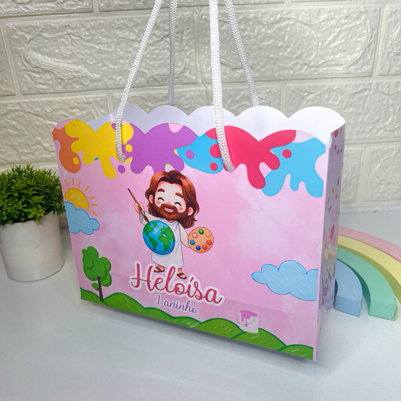 Sacola Personalizada O maior pintor do mundo Jesus rosa menina (PEGUE E MONTE) mimos lembrancinhas sacolinha festa