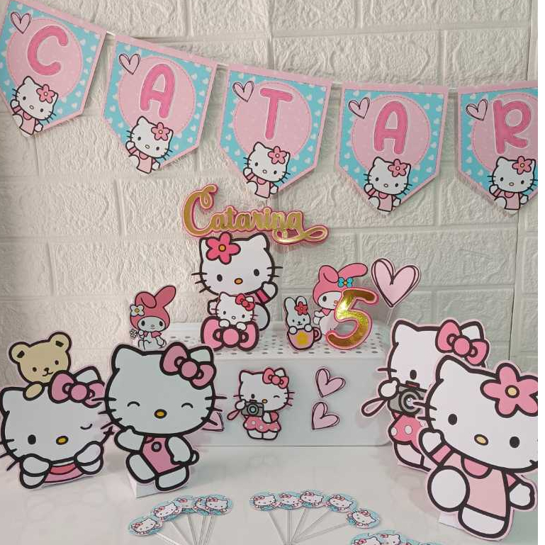 KIT FESTA INTANTIL PERSONALIZADA - HELLO KITTY - TOPPER + BANDEIROLA + DISPLAY E TAGS PARA DOCINHO
