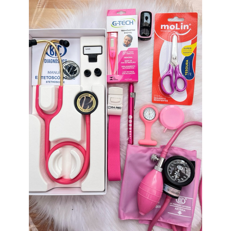 kit Enfermagem/Saúde Rosa - estetoscópio Eternity e oximetro recarregado por cabo USB
