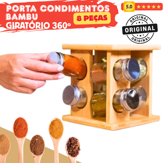 PORTA TEMPEROS E CONDIMENTOS COM SUPORTE GIRATÓRIO 360º DE BAMBU – 8 POTES DE VIDRO - MIMO STYLE