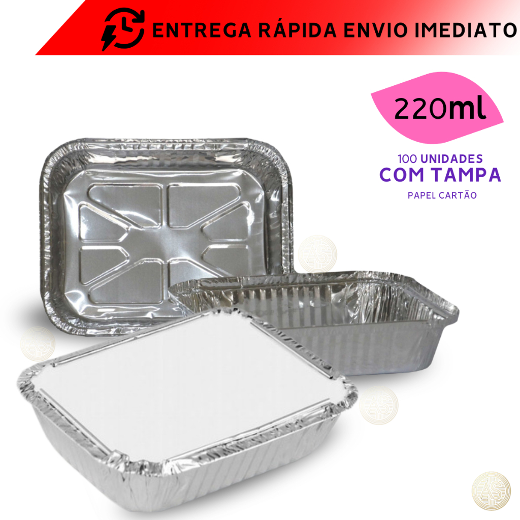 Imagem Marmita de Alumínio Com Tampa Retangular 220ml M90 Para Bolos Empadas Lembrancinhas 100 Unidades Descartável Micro Ondas