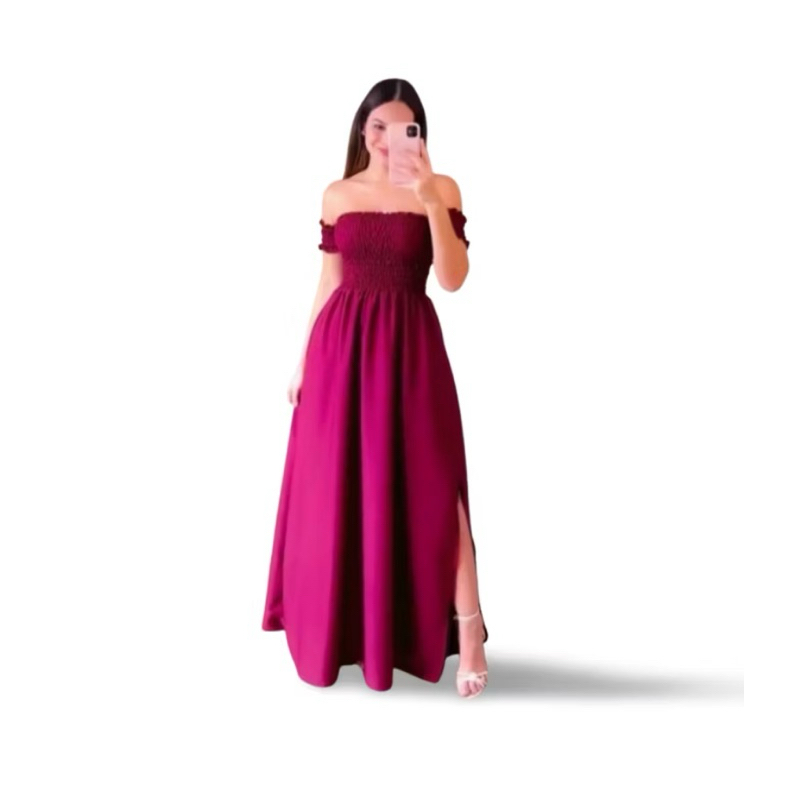 Vestido Longo Feminino Ciganinha Marsala Lastex Fenda Elegante Festa