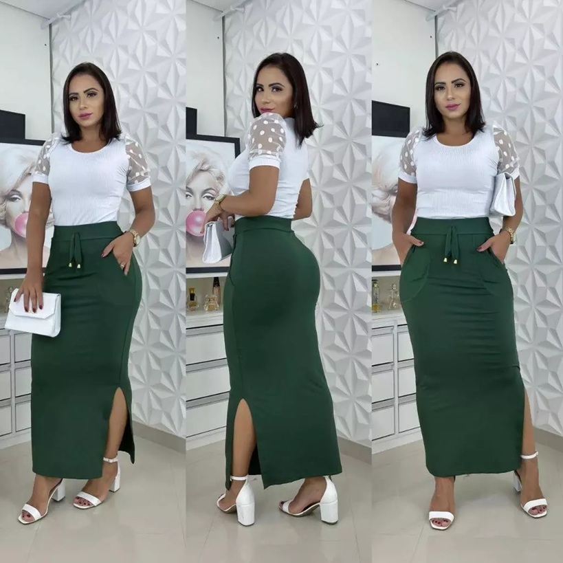 Saia Longa com Fenda e Bolso Elegante Feminina Premium Evangélica Social Casual