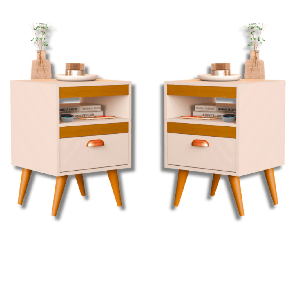 PROMOÇÃO Kit 2 Mesas de Cabeceira Quarto Sala Criado Com Porta Nicho Puxador Concha Pés Retrô em Oferta na Shopee
