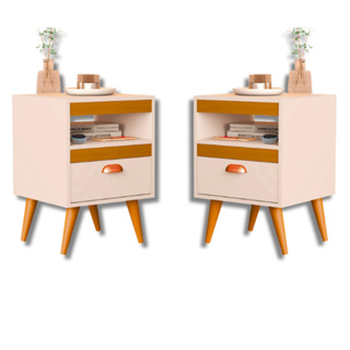 PROMOÇÃO Kit 2 Mesas de Cabeceira Quarto Sala Criado Com Porta Nicho Puxador Concha Pés Retrô em Oferta na Shopee
