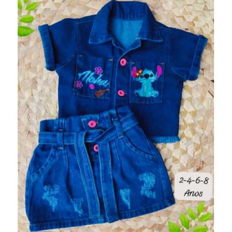 CONJUNTO FEMININO JEANS INFANTIL JAQUETA/ SAIA BORDADA OU SHORTS CARGO E JAQUETA