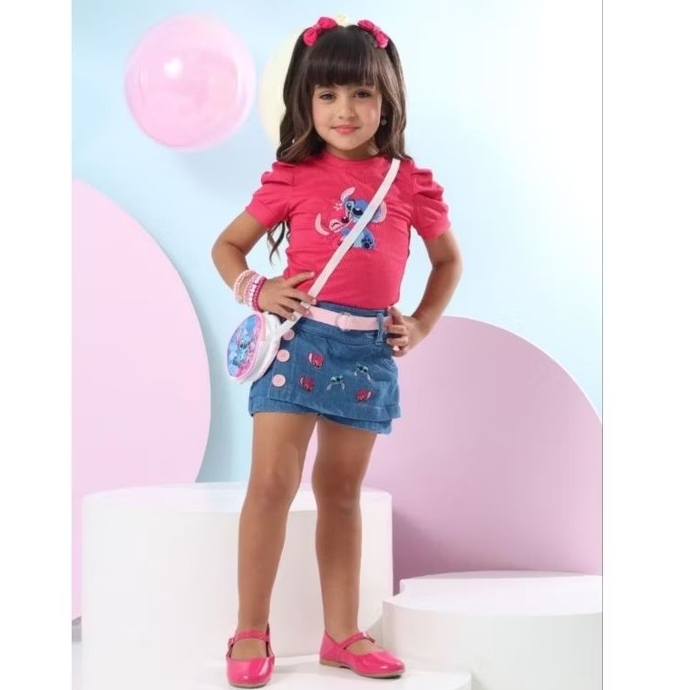 Conjunto Jeans 4 Peças Feminino Infantil Juvenil Blusa Princesa+ Shorts Saia Bordado + Cinto e Bolsa
