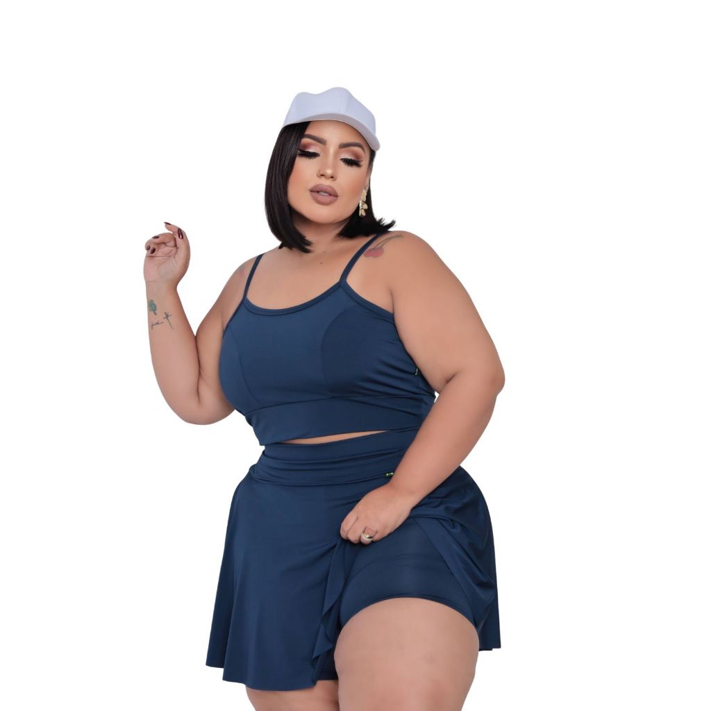 Conjunto Shorts Saia Rodado e Top Plus Size Cintura Alta Academia Fitness Zumba Dança Yoga Pilates