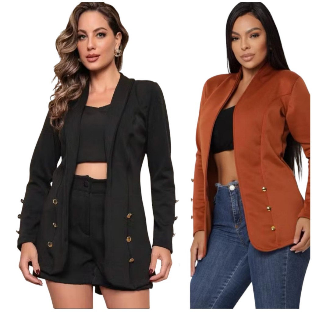 KIT 2  Blazer Social Liso Botões Alongado Feminino Acinturado Neoprene em Oferta na Shopee