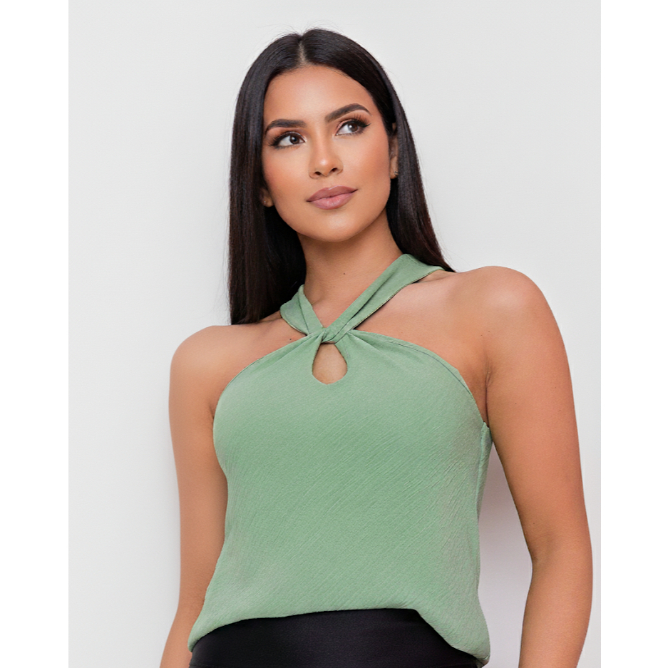 Blusa Regata Feminina Gola Transpassada Nó Torção Frente e Costas Básica Duna Liso Gola Transversal