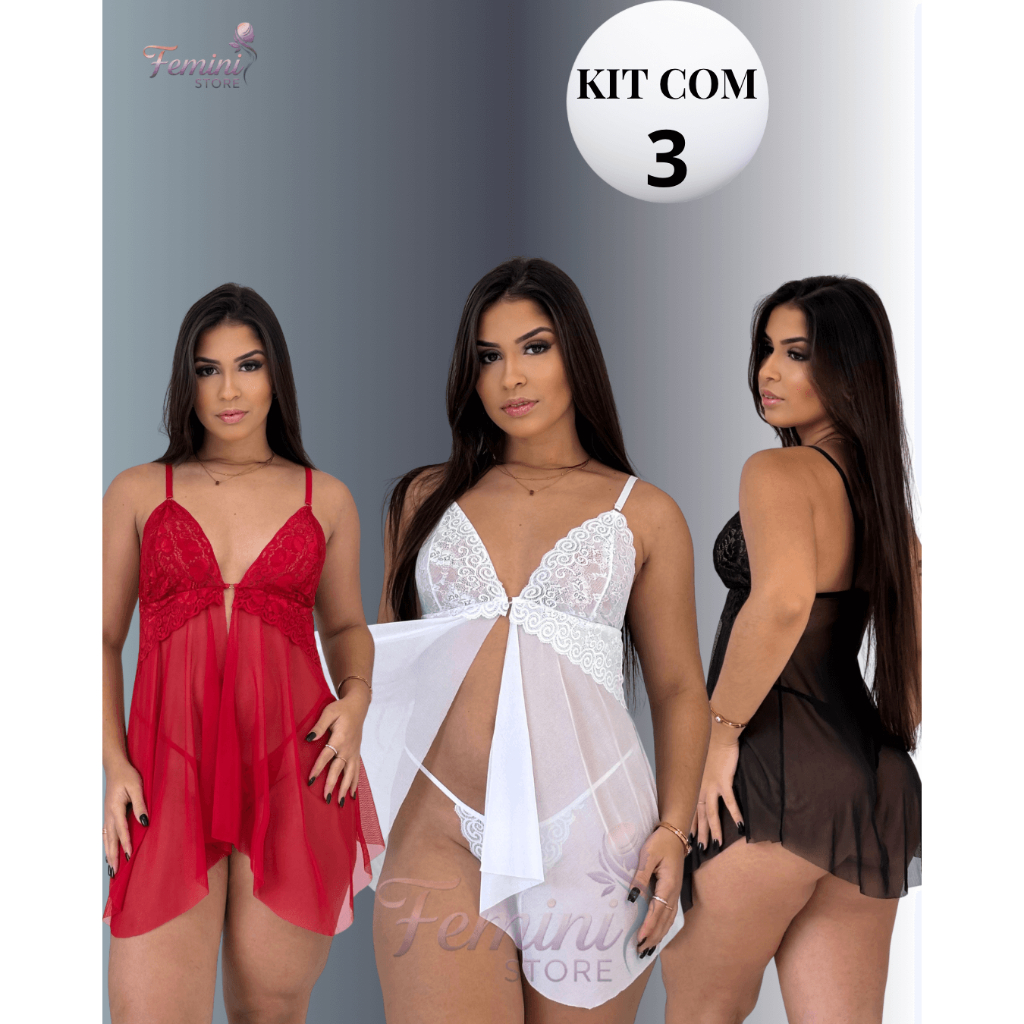 Kit 3 Camisolas Renda Abertas Sexy + Calcinha Lingerie Sexy l Baby Doll Luxo