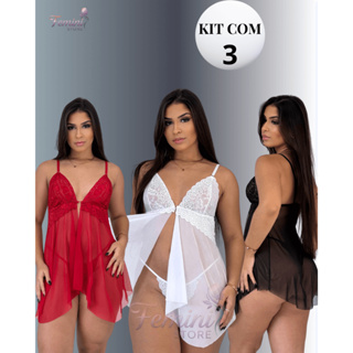 Kit 3 Camisolas Renda Abertas Sexy + Calcinha Lingerie Sexy l Baby Doll Luxo em Oferta na Shopee