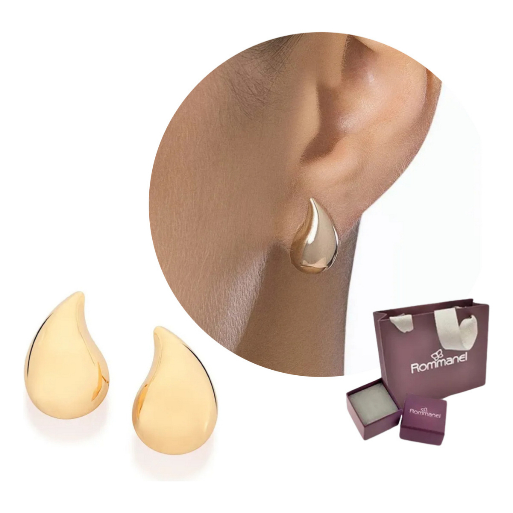 Brinco Gota Abaulada Lisa Folheada A Ouro Rommanel + Kit completo Caixinha e Sacolinha 527478 em Oferta na Shopee