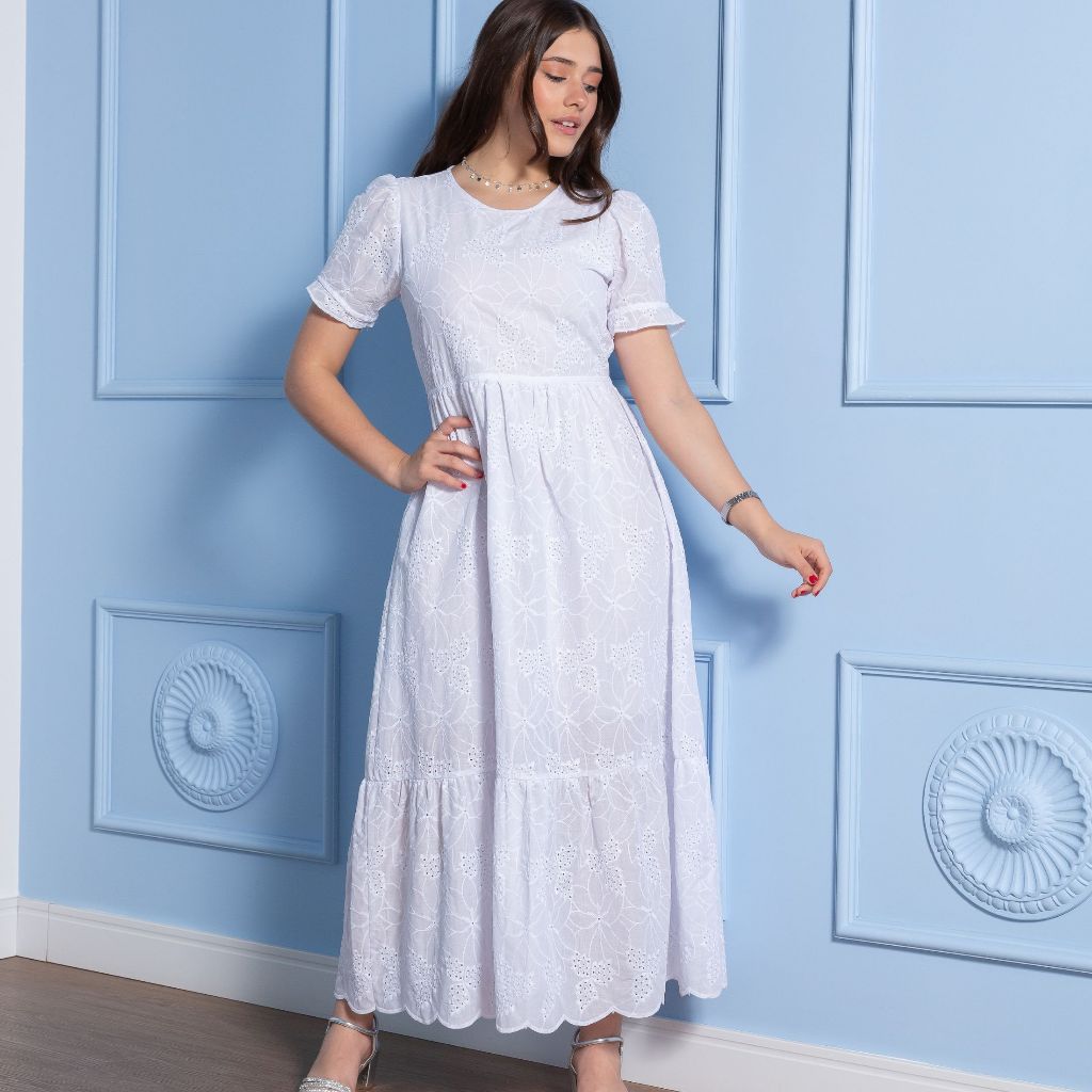 Vestido Longo Juvenil En Lesse Manga Curta Pra Mininas Pre Adolecentes 12,14,14 Cor,Branco,Azul,ROSA