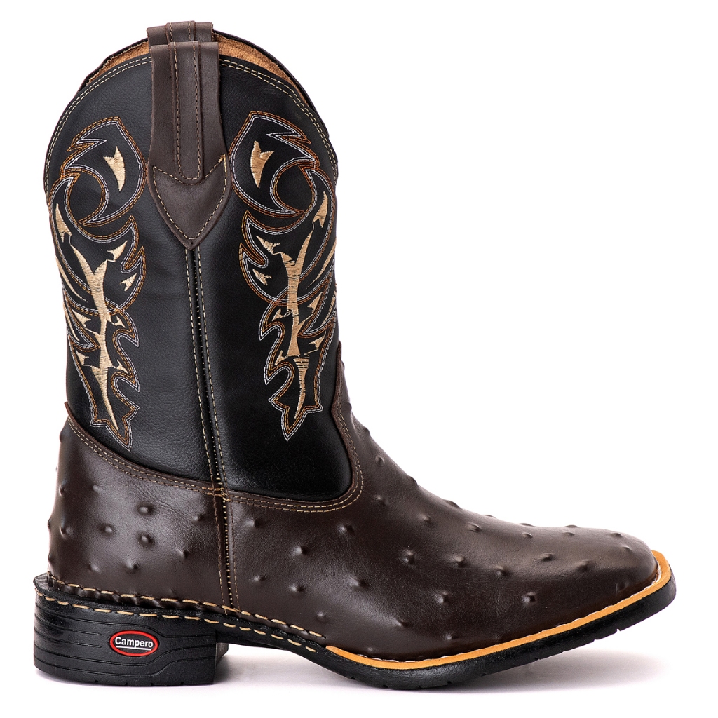 Bota Campero Texana Couro Avestuz Bico Quadrado Peão Rodeio Feminina Masculino Unisex