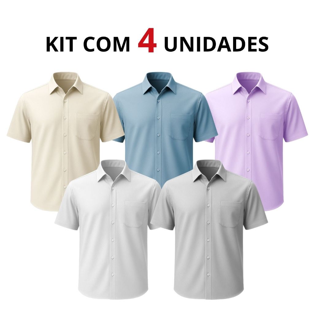 Kit 4 Camisa Social Masculina Manga Curta Com Bolso Blusa Masculina Social Tecido Não Amassa Camiseta Social Masculina