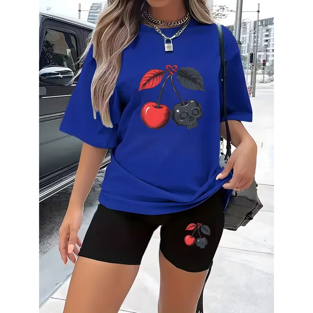 Conjunto Feminino Camiseta+Bermuda Legging Cós Alto Zero Transparência Cereja vermelha e Caveira