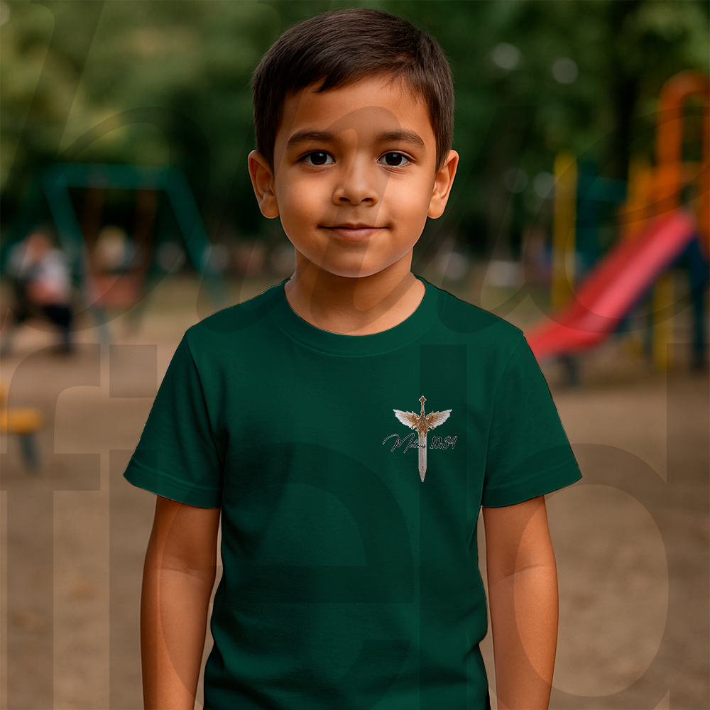 Camiseta Infantil Masculina Religiosa Streetwear Mateus 10:34 Frente E Costa 018 019 Malha Algodão