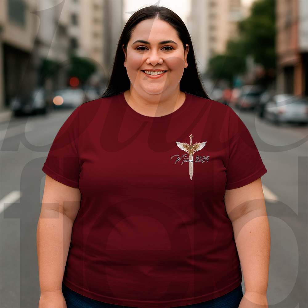 Camiseta Plus Size Feminina Religiosa Streetwear Mateus 10:34 Frente E Costa 018 019 Malha Algodão