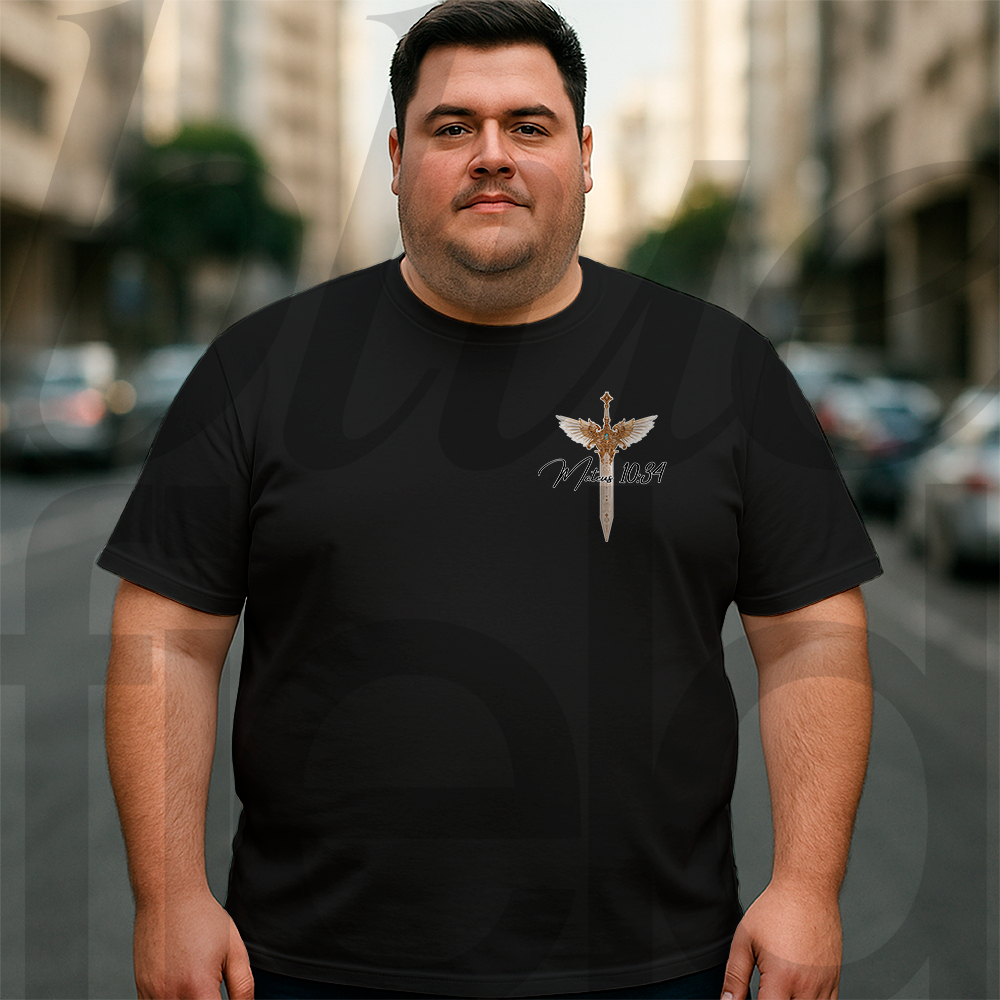Camiseta Plus Size Masculina Religiosa Streetwear Mateus 10:34 Frente E Costa 018 019 Malha Algodão